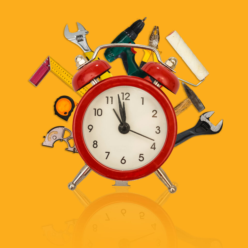 Clock,Construction,Tools,On,Orange